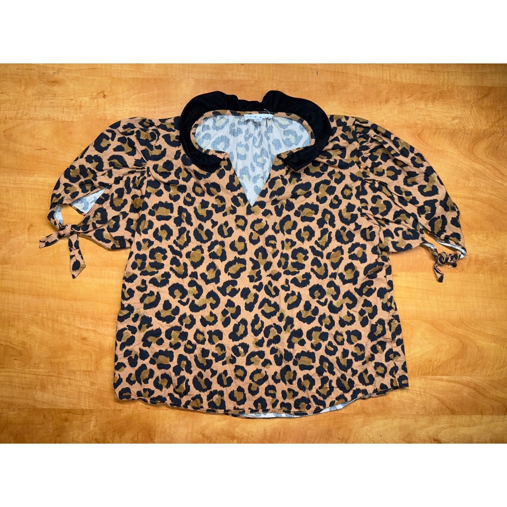 THML Leopard Print Ruffle Collar Puff Sleeve Top Brown Black Medium